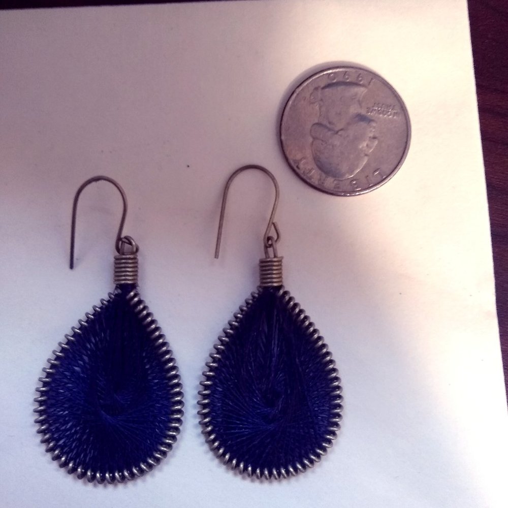 Indian deep blue threaded brass earrings